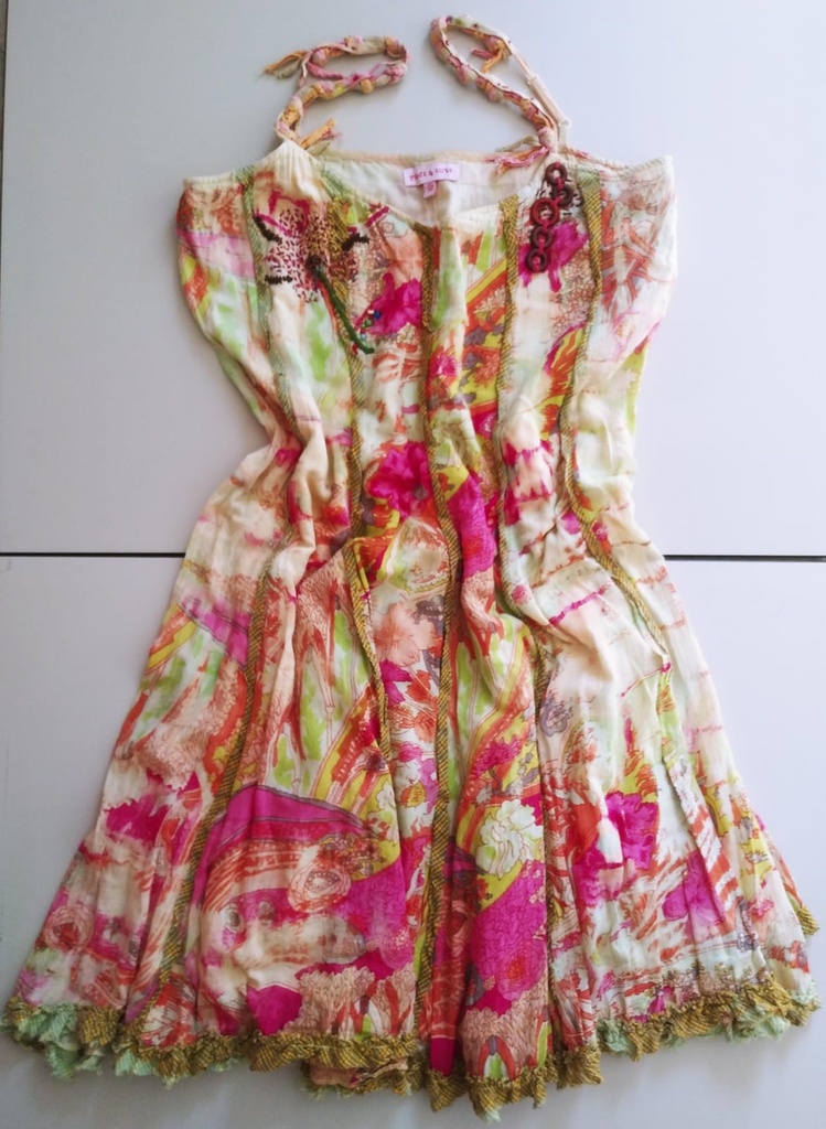 Vestido Naranja Tejido con Flores de Colores en la Falda. SPRINGFIELD. Talla L