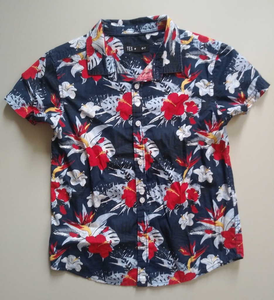 Camisa Manga Corta Niño Azul Estampados Rojos y Blancos TEX. Talla 6-7 años