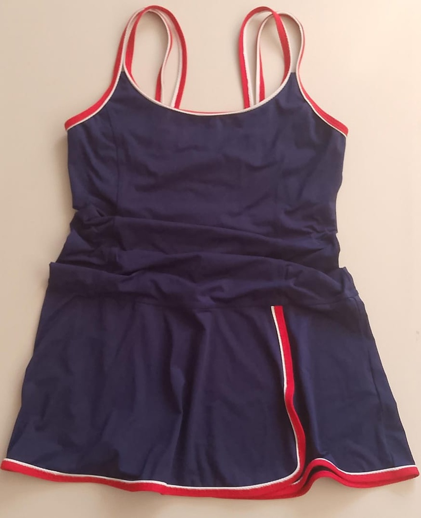 Vestido Corto de Licra Azul Marino con Tirantes en Rojo y Doble Forro en el Área del Pecho TALL. Talla M