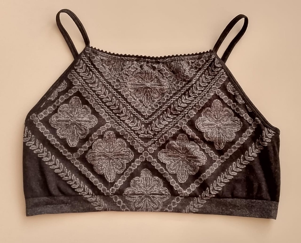 Sujetador Casual Negro con Estampados Bordados en Gris. Talla L