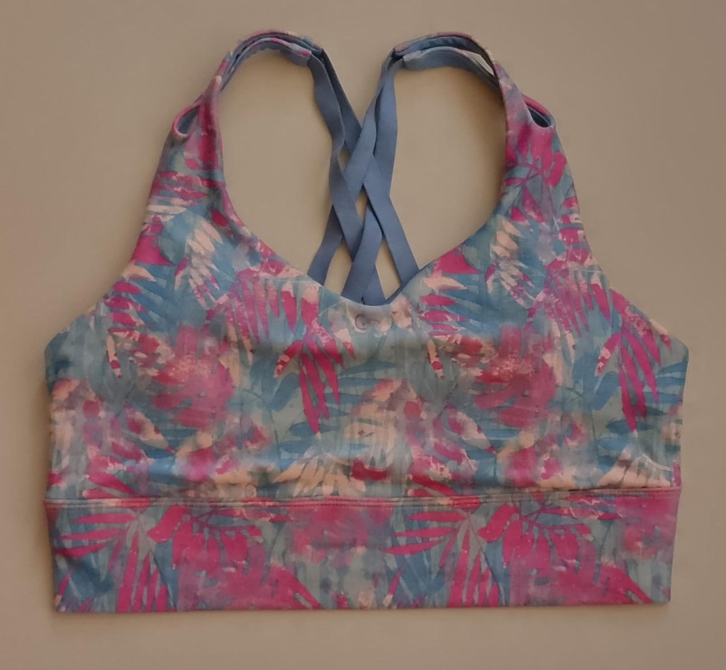 Sujetador Deportivo Fondo Bosque Tropical en Azul Grisáceo, Crema y Lila FREELY. Talla L