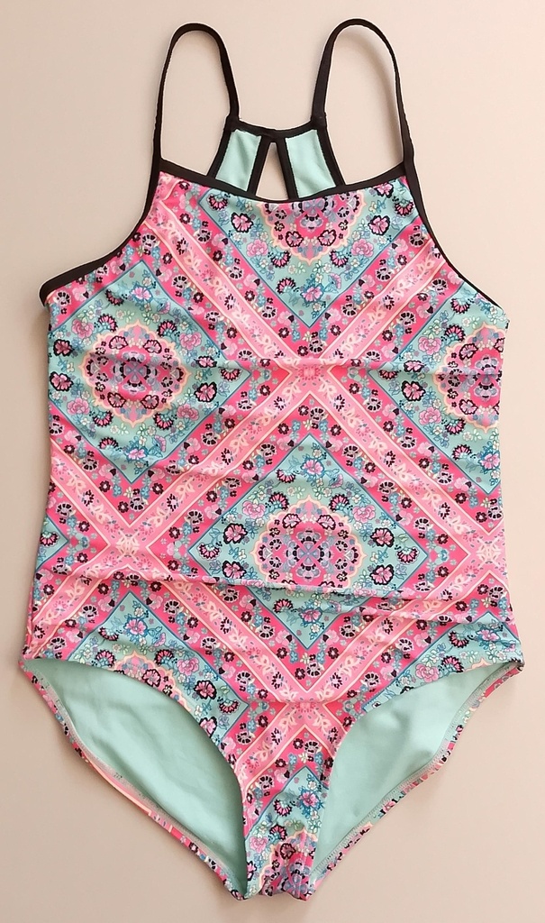 Traje de Baño Niña Estampados Florales Pequeños Azules Celeste y Rosas Fucsia OME. Talla 10-12 AÑOS
