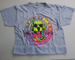 Camiseta Unisex Gris Claro con Dibujo de Cara de Perro Colores Fosforescentes Manga Corta GILDAN. Talla L