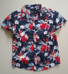 Camisa Manga Corta Niño Azul Estampados Rojos y Blancos TEX. Talla 6-7 años