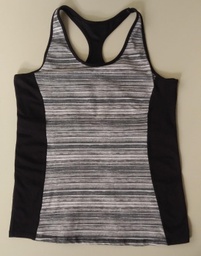 Camiseta Deportiva Negra y Gris, Blanca y Negra a Rayas Horizontales en el Pecho CALVIN KLEIN PERFORMANCE. Tirantes Cruzados con Sujetador CALVIN KLEIN. Talla L