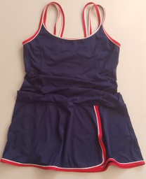 Vestido Corto de Licra Azul Marino con Tirantes en Rojo y Doble Forro en el Área del Pecho TALL. Talla M