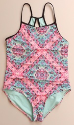 Traje de Baño Niña Estampados Florales Pequeños Azules Celeste y Rosas Fucsia OME. Talla 10-12 AÑOS